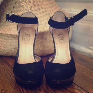BCBG black suede and python Mary Jane platforms